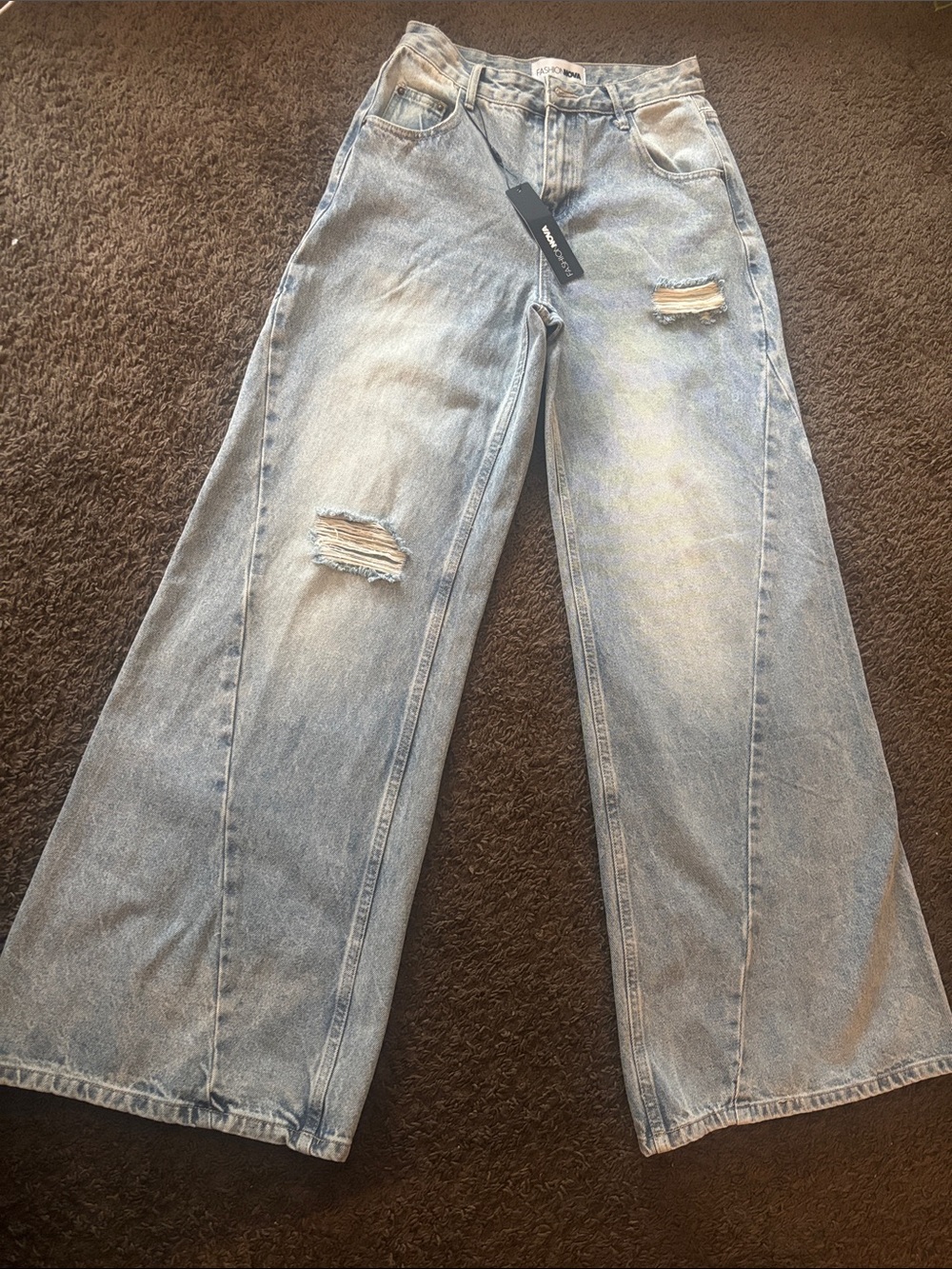 Fashion Nova Light Blue Wide Leg Distressed Jeans